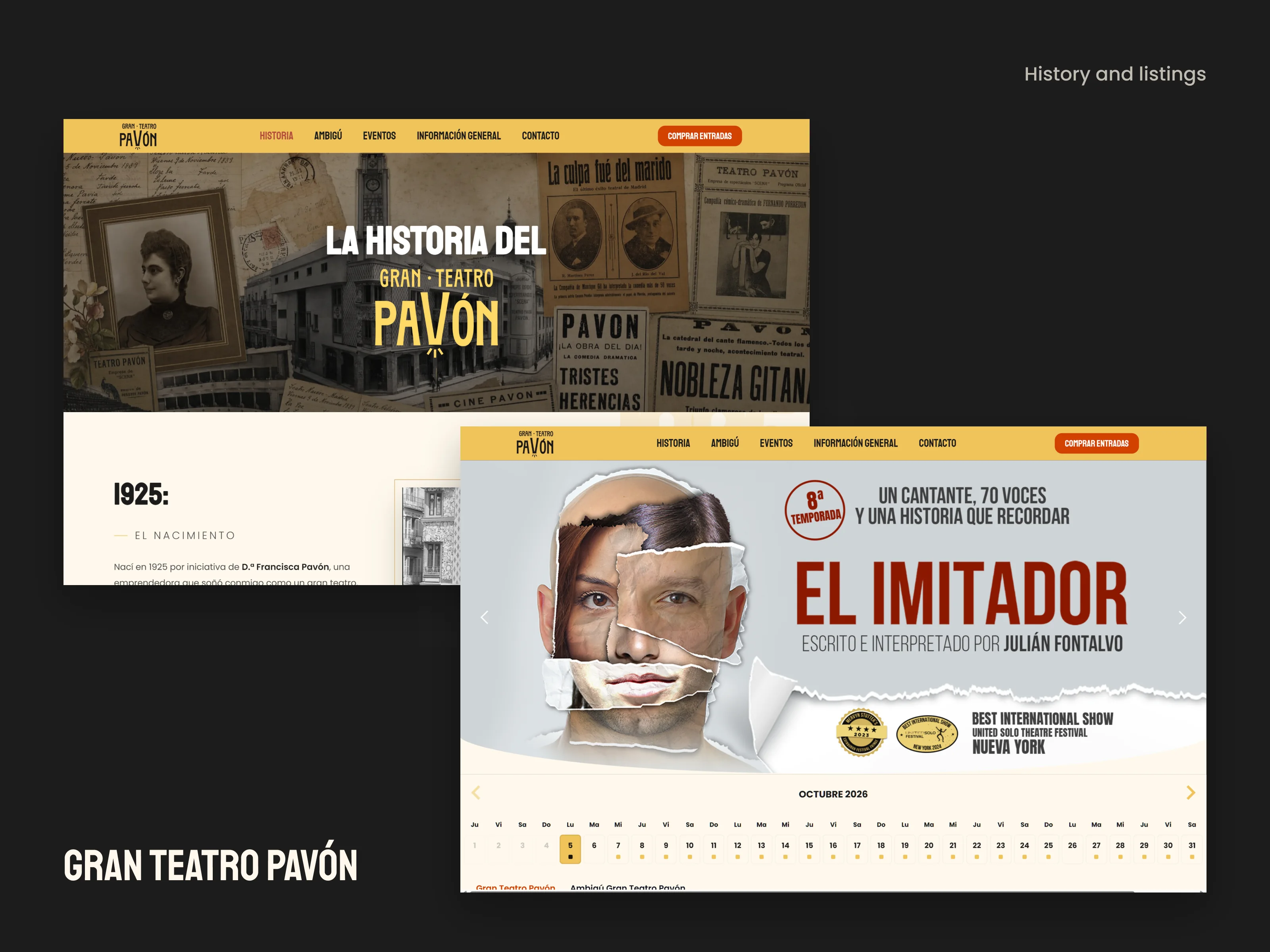Two pages of the Gran Teatro Pavón site