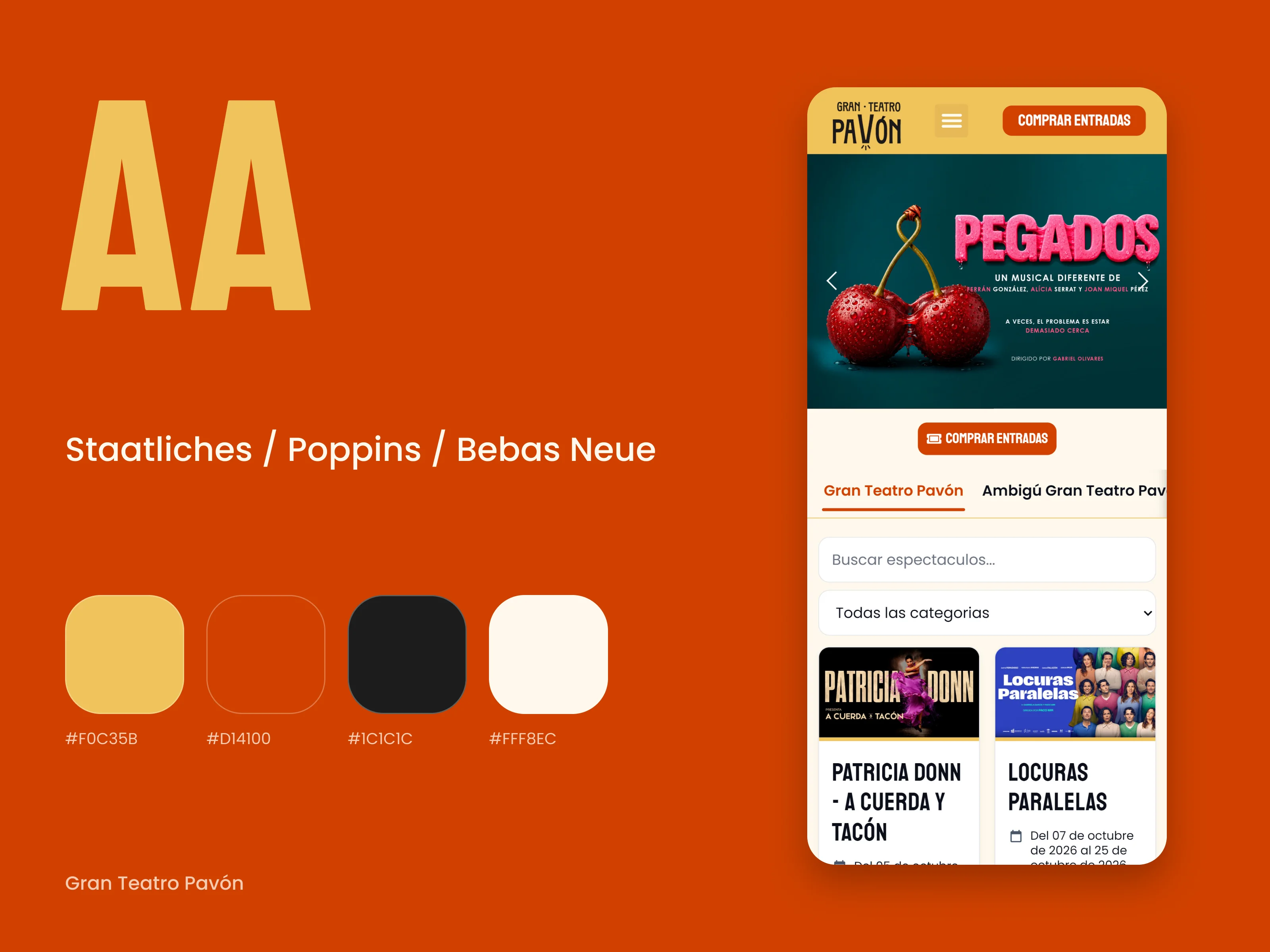 The design system of Gran Teatro Pavón: typefaces, colours and the site on a phone