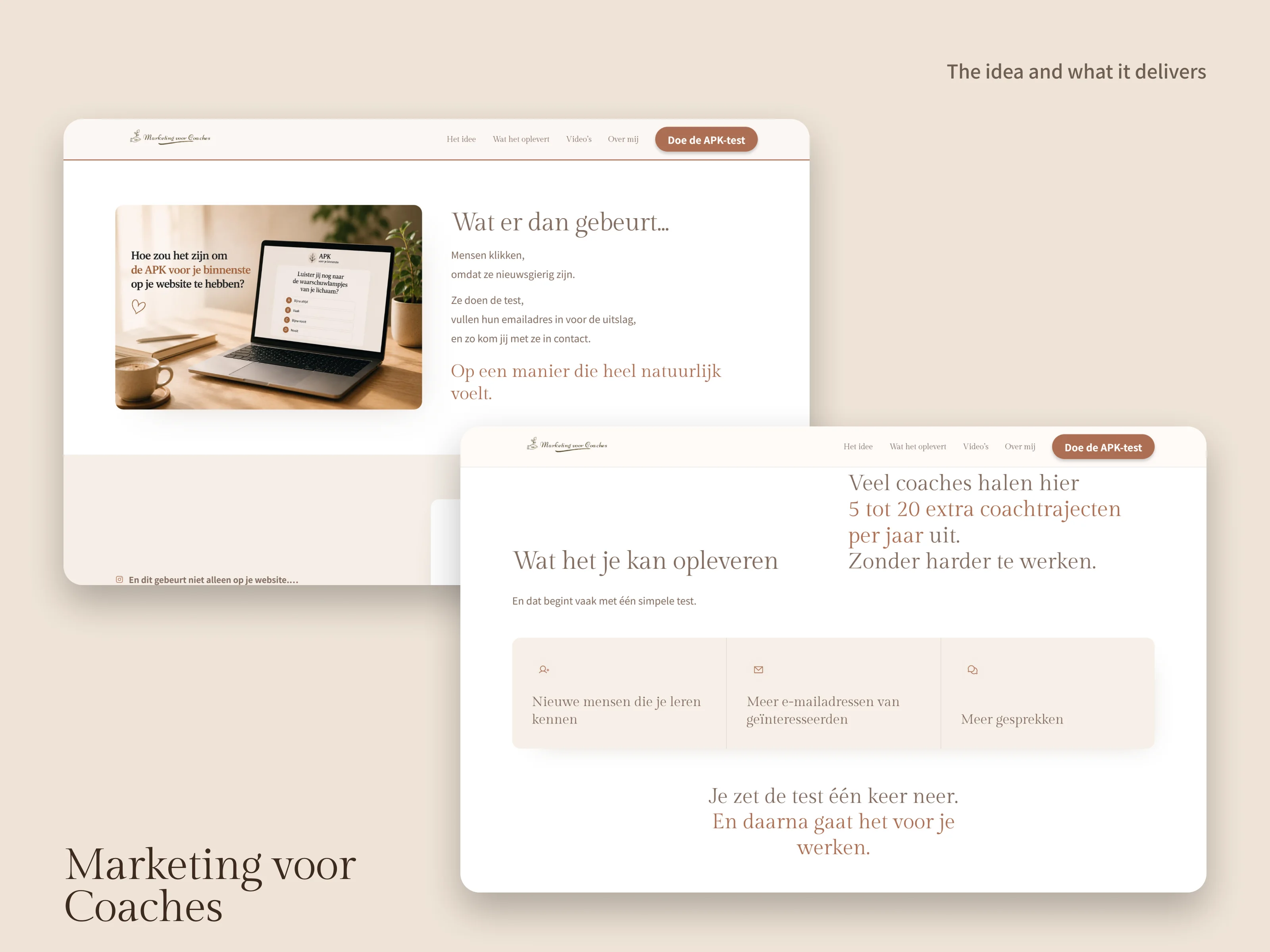 Two pages of the Marketing voor Coaches site