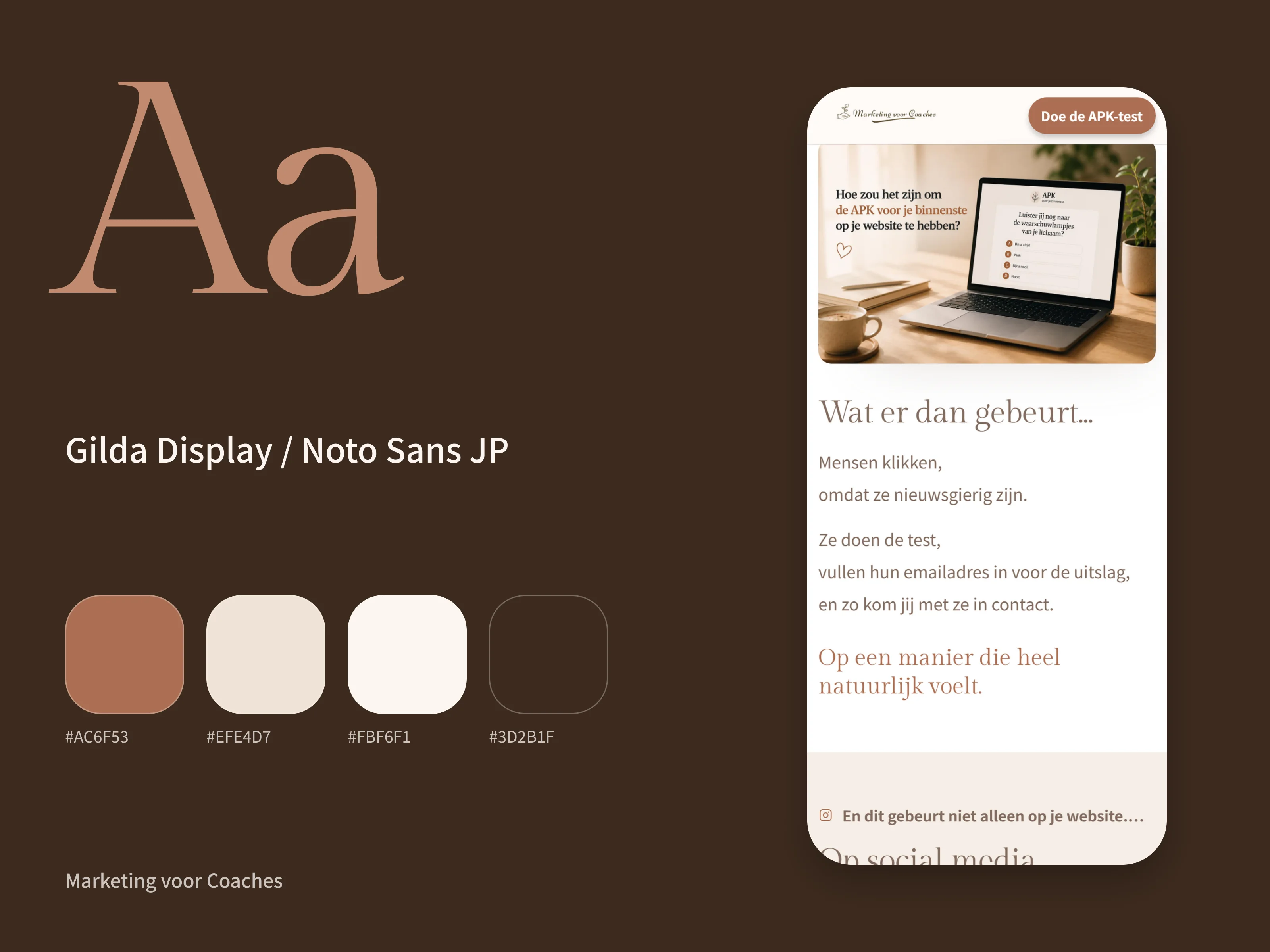 The design system of Marketing voor Coaches: typefaces, colours and the site on a phone