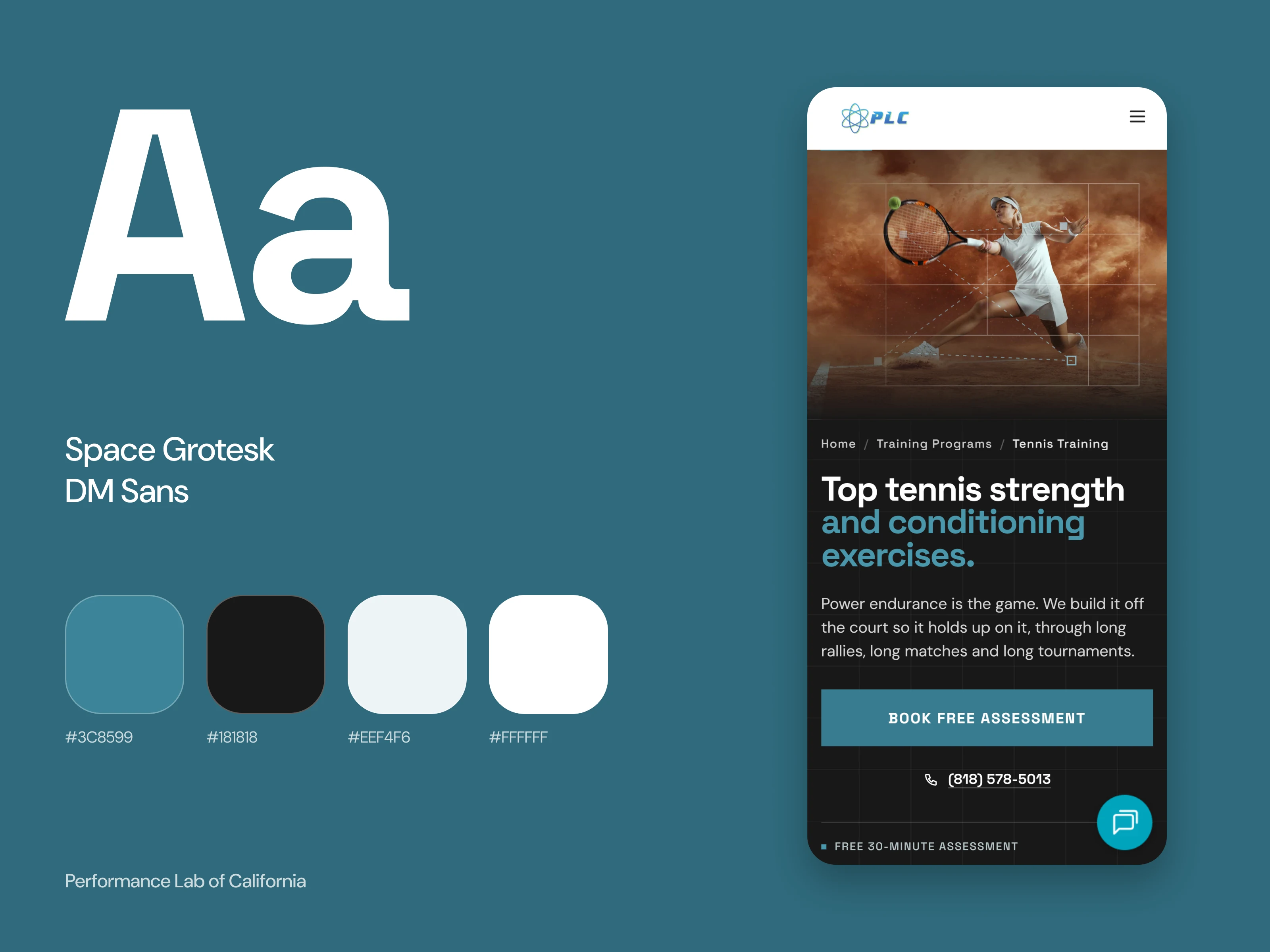 The design system of Performance Lab of California: typefaces, colours and the site on a phone