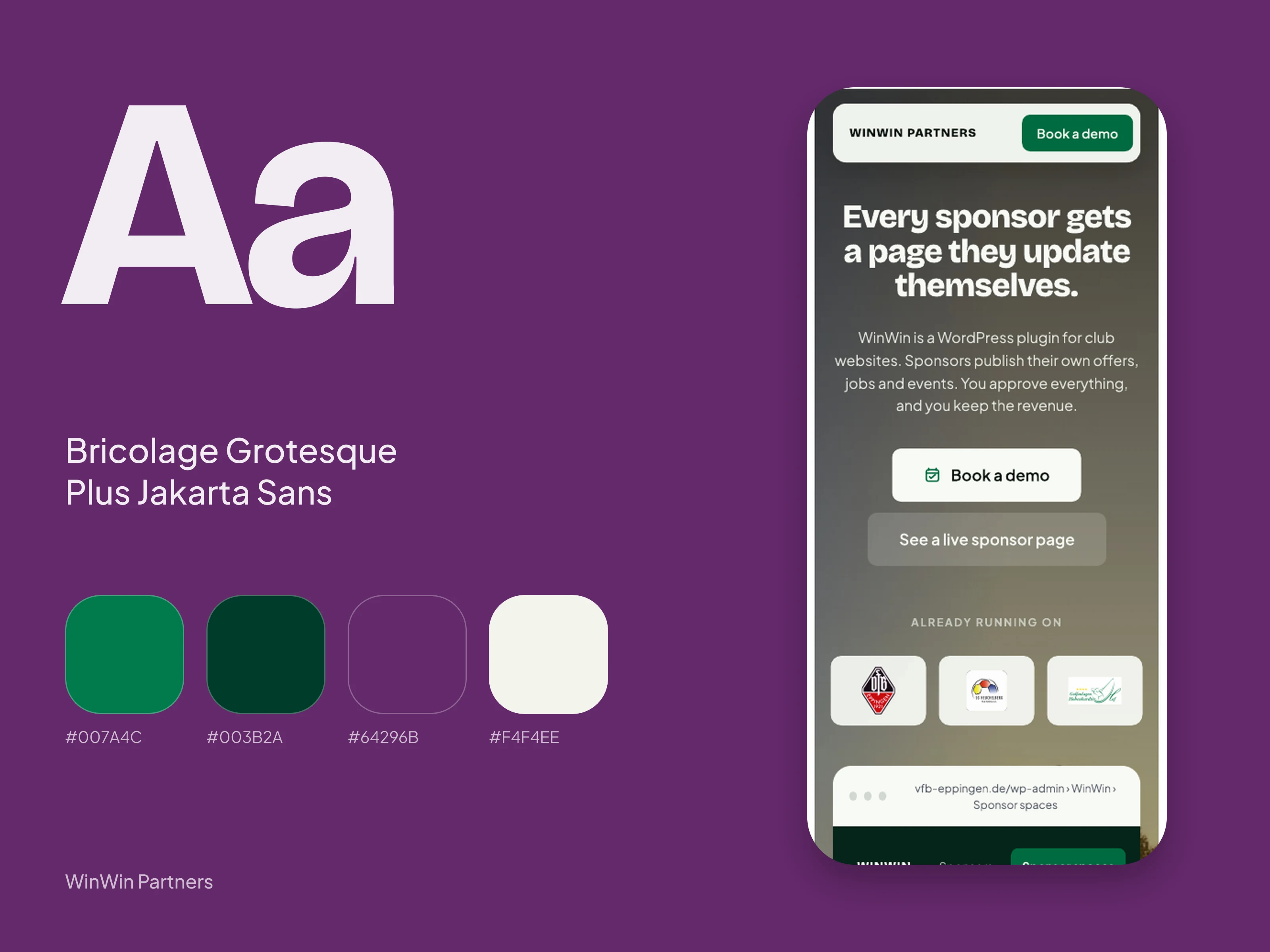 The design system of WinWin Partners: typefaces, colours and the site on a phone